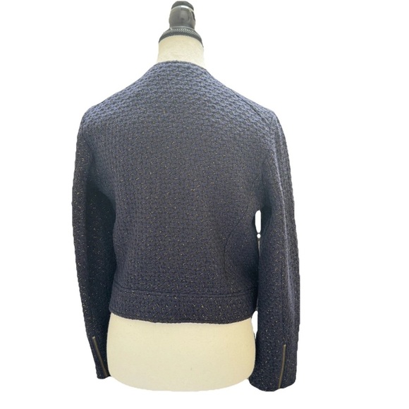 Q. Mack Blue Gold Tweed Moto Jacket Women's Size M Asymmetrical Zipper Style - Picture 5 of 11